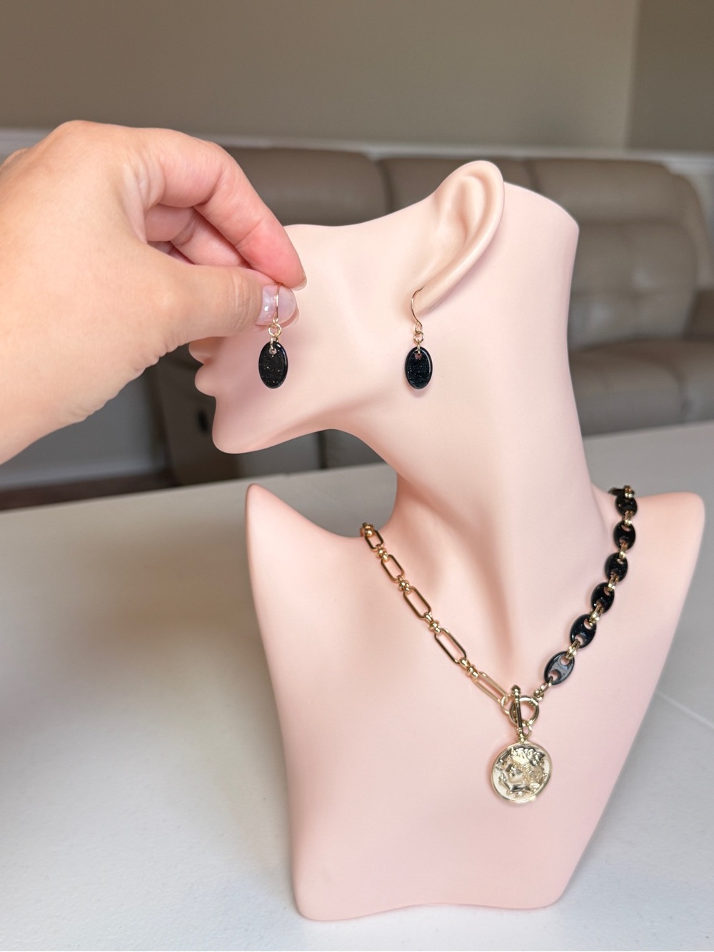 Gold Chain Necklace Black Accent Coin Pendant with Black Earrings | Set